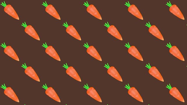Carrot pattern background moves smoothly with simple directional motion on a dark brown backdrop, playful food themed design for cooking, farming and seasonal visuals, 3D animation