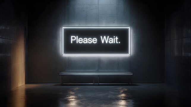 Please Wait neon sign in dark modern interior with glowing display.