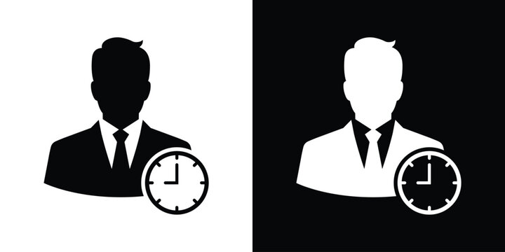 Businessman avatar profile icon with a clock, representing punctuality, time management, schedule tracking, work hours, and deadline vector sign.