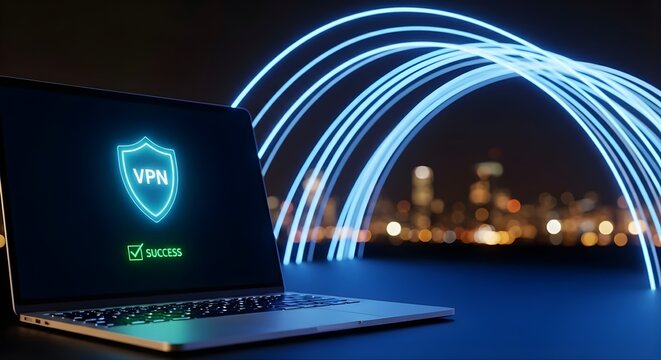 Secure VPN connection visualized with glowing blue network lines over a cityscape.