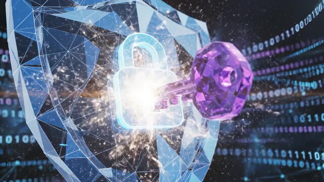 Digital security shield with key symbolizing the cutting-edge of futuristic design