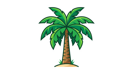Obraz premium Illustration of a single palm tree with green leaves on a small mound of sand against a white background.