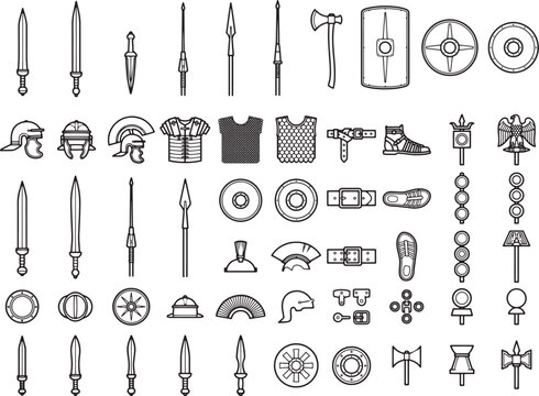 A collection of graphic assets representing ancient Roman military equipment, including swords, shields, helmets, and armor, rendered in a clean, minimalist line art style.
