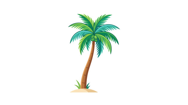 Illustration of a single palm tree on a sandy beach with green leaves and a brown trunk against a white background.