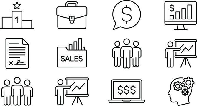 Business management icons collection featuring podium briefcase analytics document sales folder and team leader.