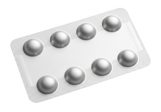 Silver metallic spheres in blister packaging on white background minimalist composition