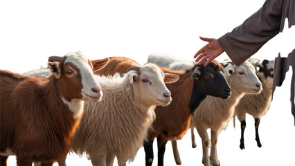 Obraz premium Group of sheep grazing in a natural outdoor setting with a person herding Vector