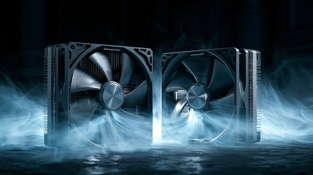 Dual electric cooling fan modules operating side by side highlighting efficient airflow and compact brushless motor technology in a controlled environment.