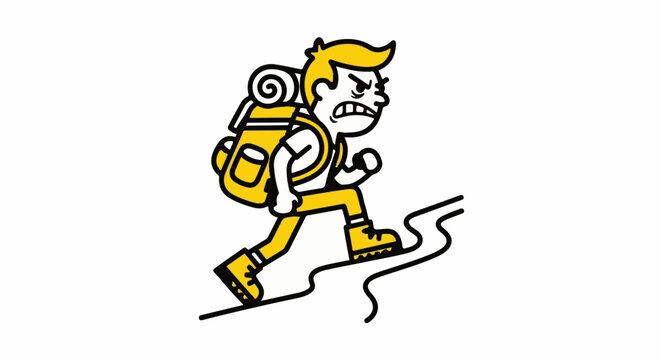 Cartoon hiker struggling with heavy backpack on trail.