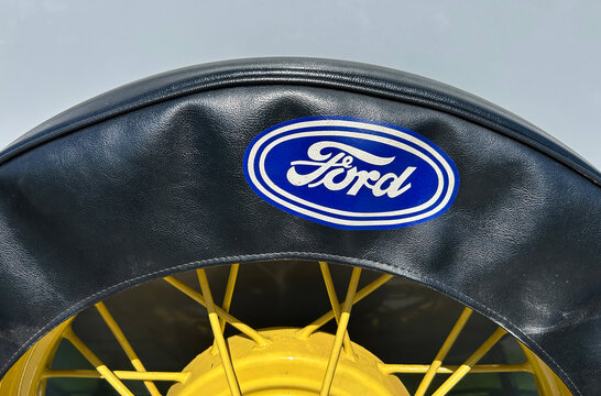 Ford company logo on the car wheel. Close-up. Funchal. Portugal.