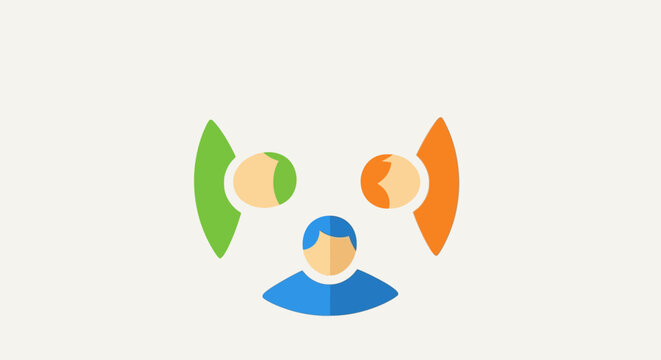 Minimalist illustration of a blue-clad person surrounded by two colorful speech bubbles on a plain white background.