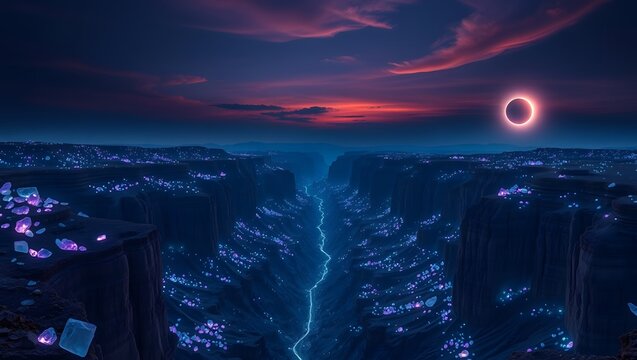 A surreal landscape with glowing purple crystals and a solar eclipse at sunset