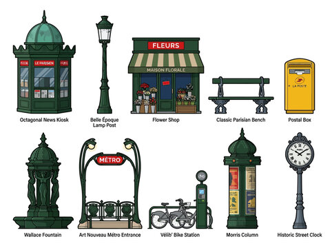 Iconic Paris Street Furniture Vector Set: Art Nouveau Metro Entrance, News Kiosk, Morris Column, Wallace Fountain, Flower Shop, and Belle Epoque Landmarks