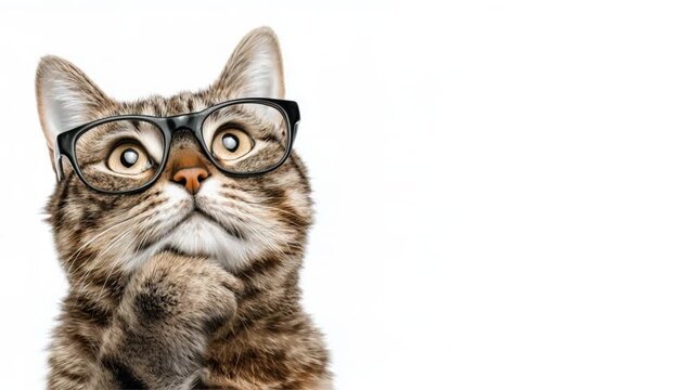 Thinking reaction tabby cat with glasses and copy space, horizontal video