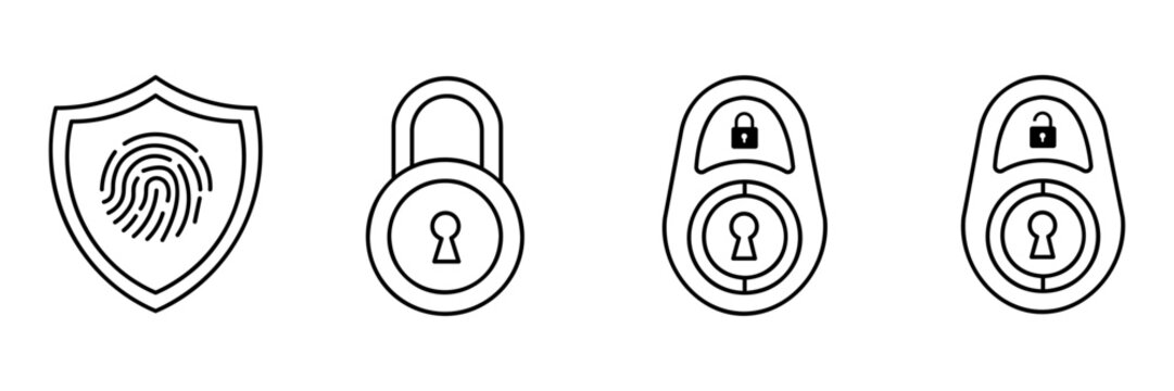 Outline Cyber Security Icon Set Line Art For Data Protection Fingerprint Scanner Shield And Padlock Privacy Concept