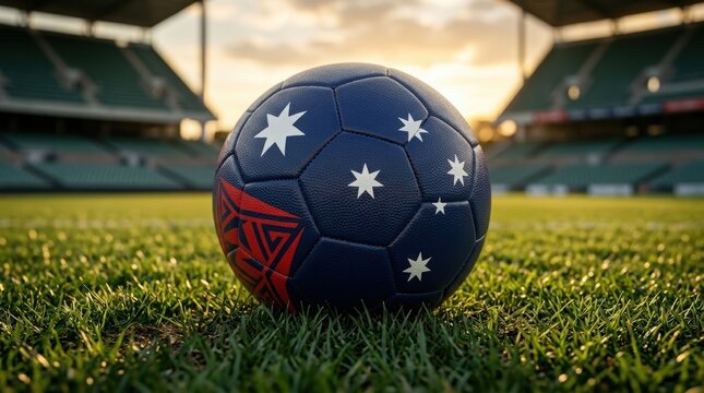 Australian Football on Field with Stadium Background in Bright Daylight