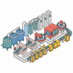 Naklejka premium Modern Automated Beverage Production Line Factory Illustration.