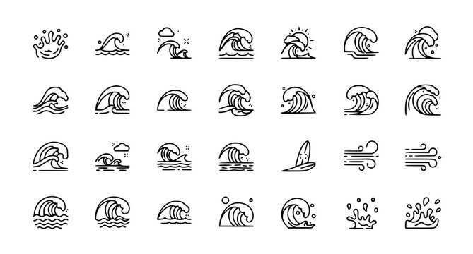 Ocean water line icons vector set with sea tide splashes and stormy marine wave symbols