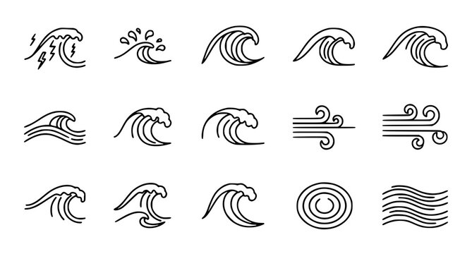 Sea tide splash line icon collection with stormy ocean surf and marine vector symbols