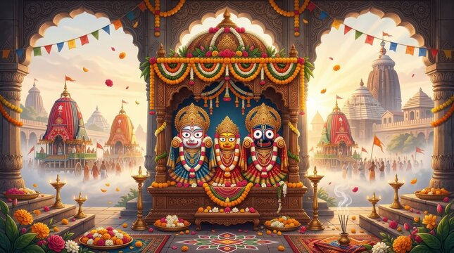 Ratha yatra celebration, deities of jagannath, balabhadra, subhadra with temples and festive crowd.