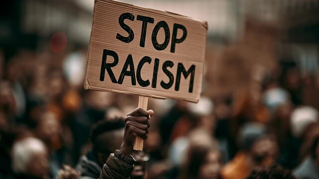 4k video of Stop Racism protest with a sign.