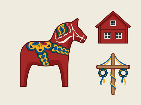 Swedish Culture Folk Art Vector Set Featuring Dala Horse, Traditional Red Cottage, and Midsummer Maypole