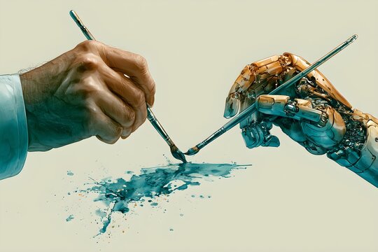 Human AI Collaboration Concept, Robot Hand Painting, Artificial Intelligence Creativity, Technology Art Background