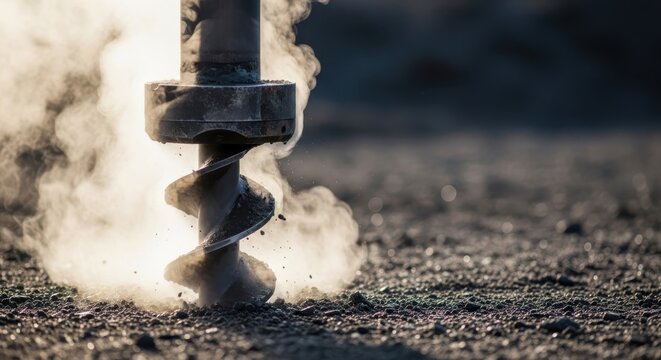 Close-up of a geothermal drilling rig's auger bit penetrating the earth, creating steam and dust during energy extraction.
