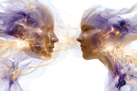 Human Minds Connection Concept, Two Faces Energy Transfer, AI Consciousness Background, Neural Communication