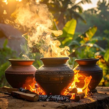 Three clay pots on fire outdoors.