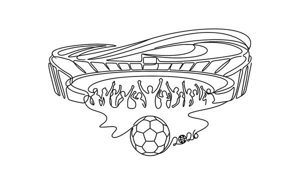 Sketch style soccer stadium with speech bubbles and ball illustration isolated on transparent background, Vector FIFA world cup 2026 one line art design