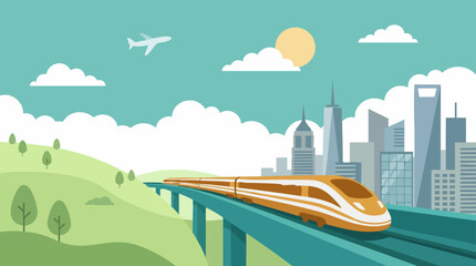 Obraz premium Modern high-speed train on elevated track connecting urban and rural areas