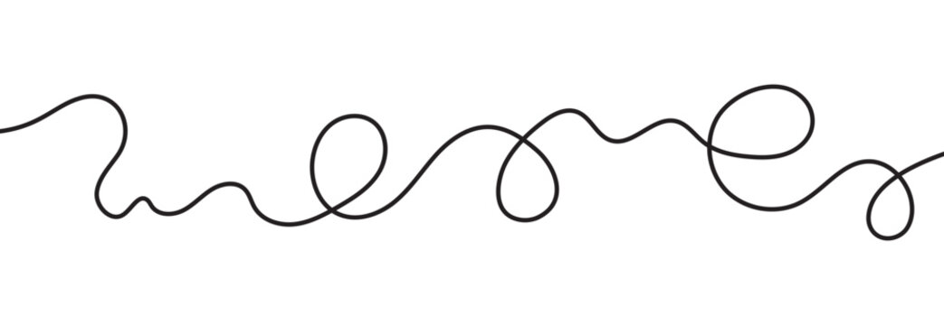 Simple hand drawn continuous line. Black thick squiggle cable curves. Minimal tangled thread element, wavy horizontal wiggle shapes.