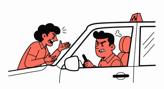 Angry drivers arguing inside a car cartoon illustration.
