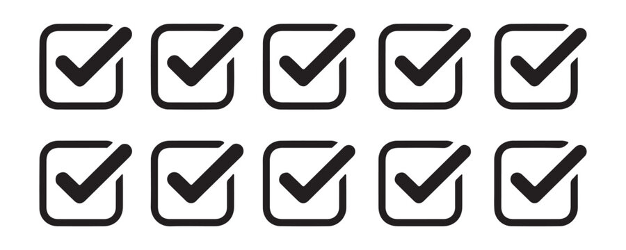 A collection of black outline checkmark icons within squares, ideal for checklists and confirmations.