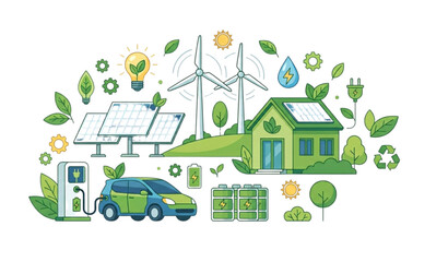 Fototapeta premium Eco energy vector illustration set with renewable power elements solar panels wind turbines and green technology icons
