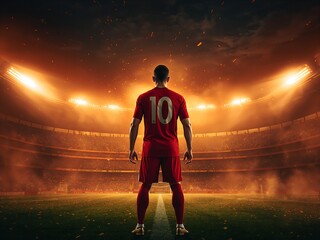 Fototapeta premium Generative AI depicts a soccer player standing on the field under dramatic stadium lighting