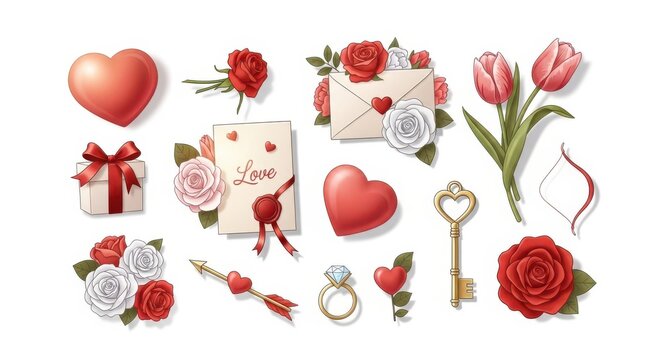 Valentine's day elements with red roses hearts gift box love letter keys, valentine