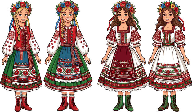Beautiful Ukrainian Girls in Traditional National Costumes with Floral Wreaths and Embroidered Dresses for Cultural Festivals, Folklore Events, and Slavic Heritage Projects