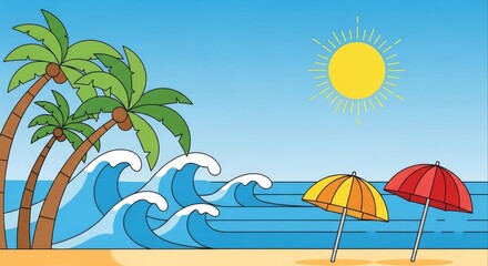 Obraz premium Idyllic cartoon tropical beach with palm trees and sunny sky.