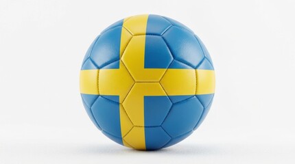 Fototapeta premium Soccer ball featuring Sweden flag design on white background, sports, national pride, vibrant colors, close-up