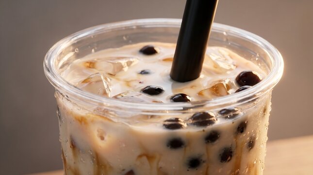 Boba tea in plastic cup.
