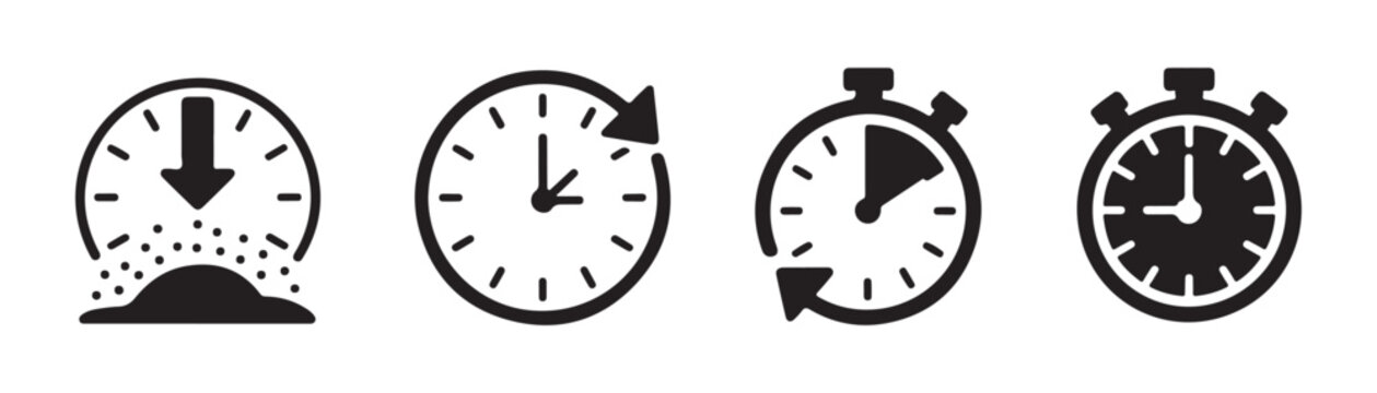 Black time management icons set featuring clock with arrow stopwatch timer and countdown symbols for business.