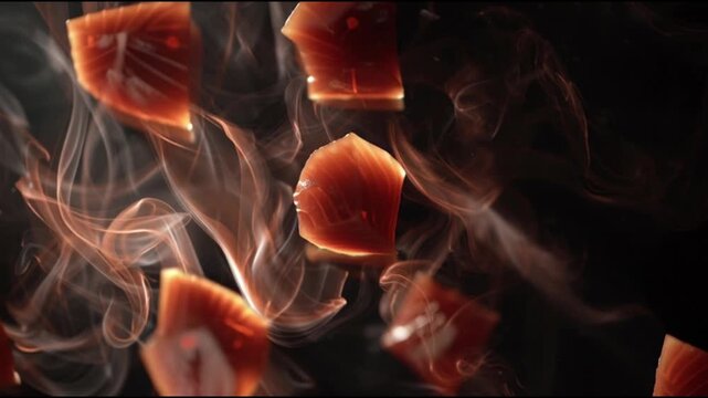 Abstract visual of translucent reddish-orange cubes suspended in swirling smoke, creating a dynamic and mysterious atmosphere against a dark background