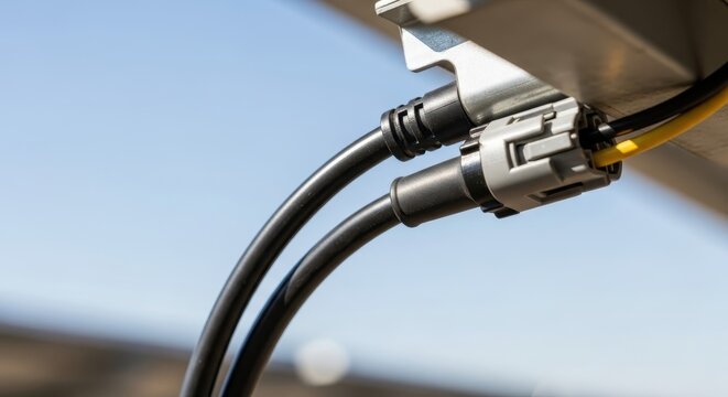 Detailed close-up of solar panel electrical connections and cables against a bright blue sky