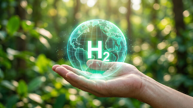 Green energy concept Hand holding a glowing globe with "H2" symbol, representing clean hydrogen fuel and sustainability in nature