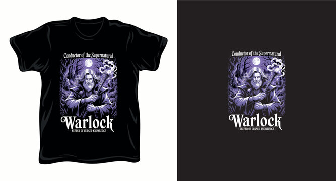 Warlock keeper of cursed knowledge with glowing staff in haunted nocturnal forest for apparel print.