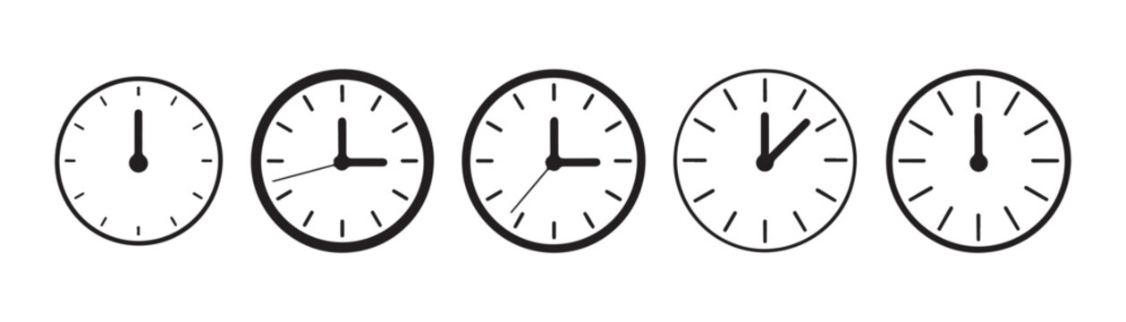 Set of five black clock icons isolated on transparent background showing different times in a row.