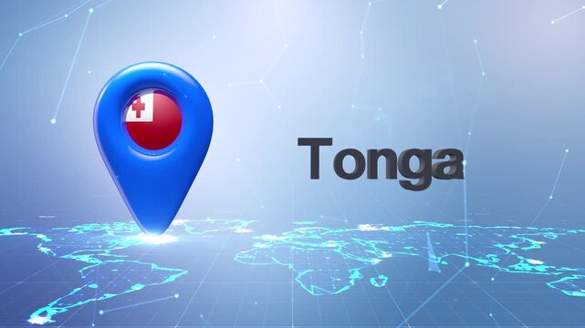Tonga Flag Inside Location Pin On Digital World Map Animation