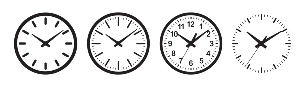 Collection of four analog clocks showing different times on transparent background vector illustration.